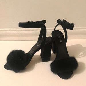 Barneys Suede & Mink Navy Block Heel Sandal